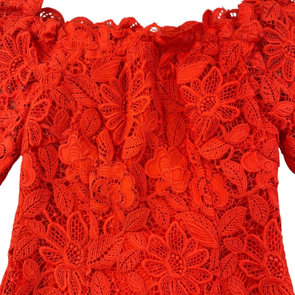 Free‎ People Fiesta Red Lace Dusk Dress Womens Size 2 Floral Lace Off Shoulder